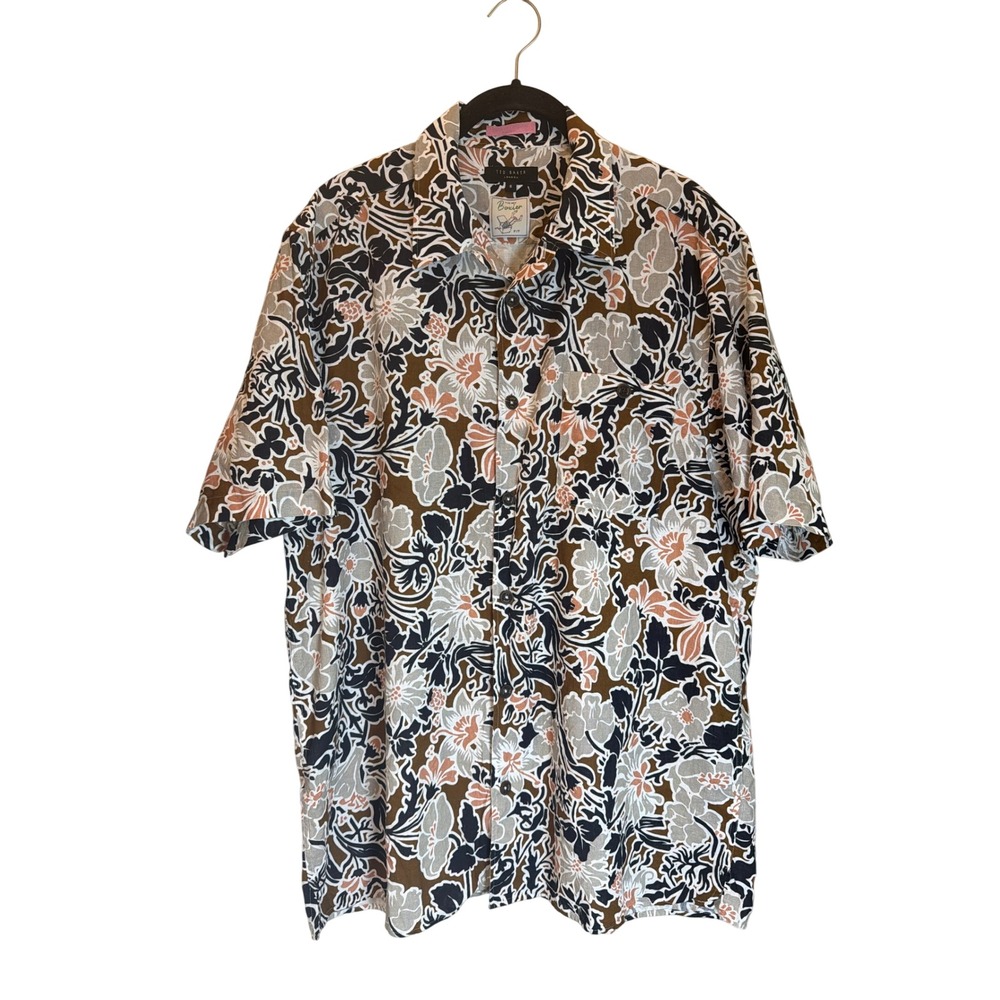 Ted Baker London Mens Floral‎ Cotton Linen Boxy Fit Shirt Brown Navy Size 6 XXL